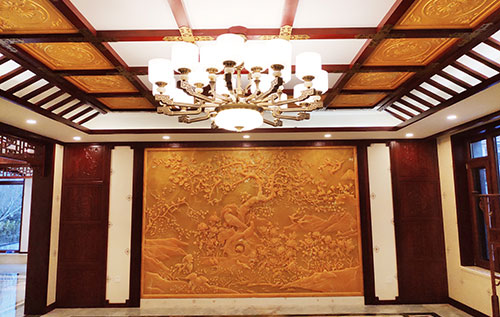 杨浦中式别墅客厅中式木作横梁吊顶装饰展示