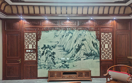 杨浦中式仿古别墅客厅背景墙花格木作装饰